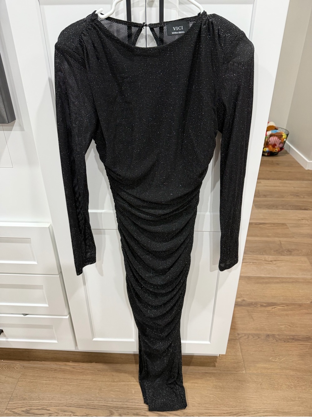 VICI Shimmery Black Ruched Long Sleeve Evening Dress